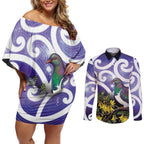 Kekeru New Zealand Matariki Couples Matching Off Shoulder Short Dress and Long Sleeve Button Shirt Kukupa Kowhai Maori New Year Purple Version