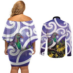Kekeru New Zealand Matariki Couples Matching Off Shoulder Short Dress and Long Sleeve Button Shirt Kukupa Kowhai Maori New Year Purple Version