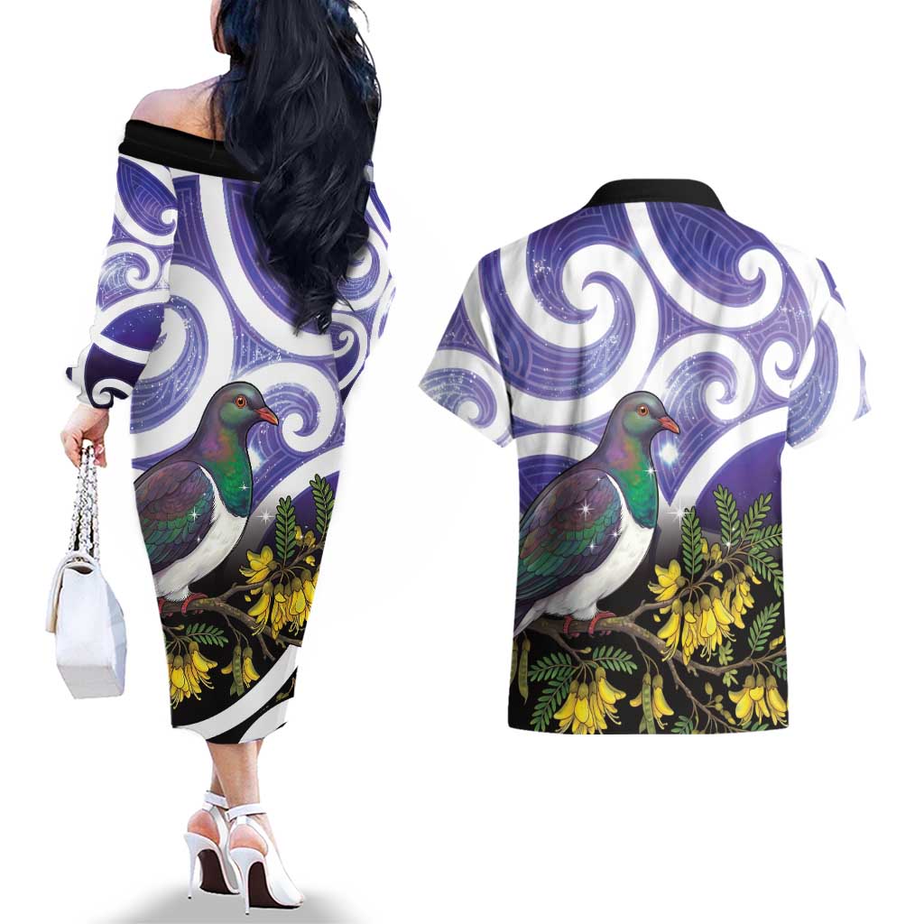 Kekeru New Zealand Matariki Couples Matching Off The Shoulder Long Sleeve Dress and Hawaiian Shirt Kukupa Kowhai Maori New Year Purple Version