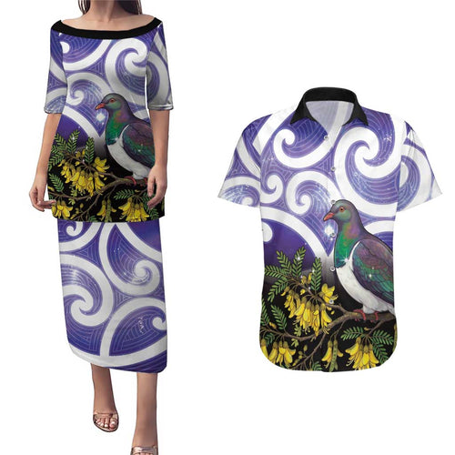 Kekeru New Zealand Matariki Couples Matching Puletasi and Hawaiian Shirt Kukupa Kowhai Maori New Year Purple Version