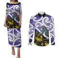 Kekeru New Zealand Matariki Couples Matching Puletasi and Long Sleeve Button Shirt Kukupa Kowhai Maori New Year Purple Version