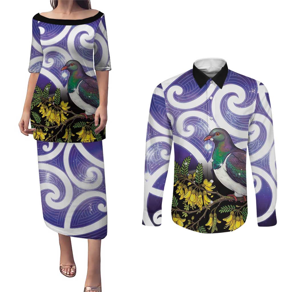 Kekeru New Zealand Matariki Couples Matching Puletasi and Long Sleeve Button Shirt Kukupa Kowhai Maori New Year Purple Version