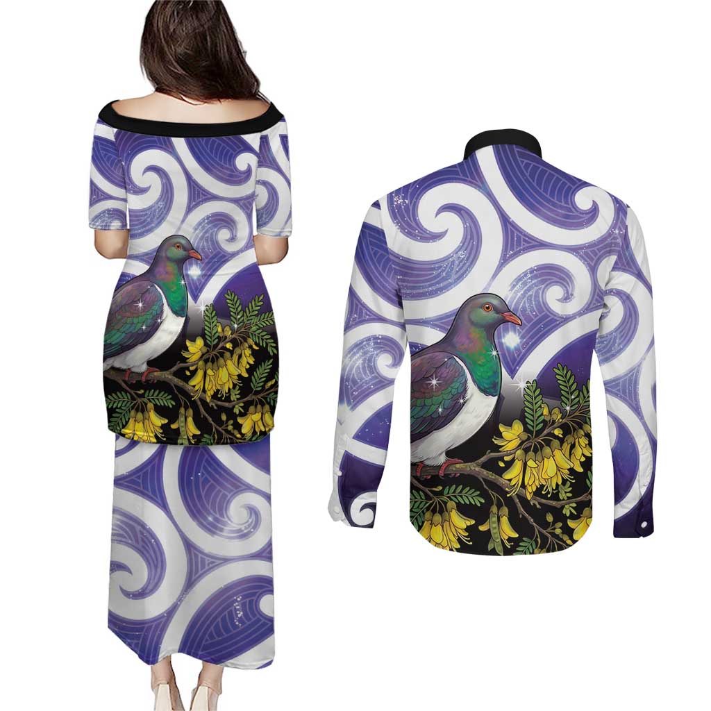 Kekeru New Zealand Matariki Couples Matching Puletasi and Long Sleeve Button Shirt Kukupa Kowhai Maori New Year Purple Version