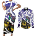 Kekeru New Zealand Matariki Couples Matching Short Sleeve Bodycon Dress and Long Sleeve Button Shirt Kukupa Kowhai Maori New Year Purple Version