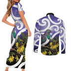 Kekeru New Zealand Matariki Couples Matching Short Sleeve Bodycon Dress and Long Sleeve Button Shirt Kukupa Kowhai Maori New Year Purple Version