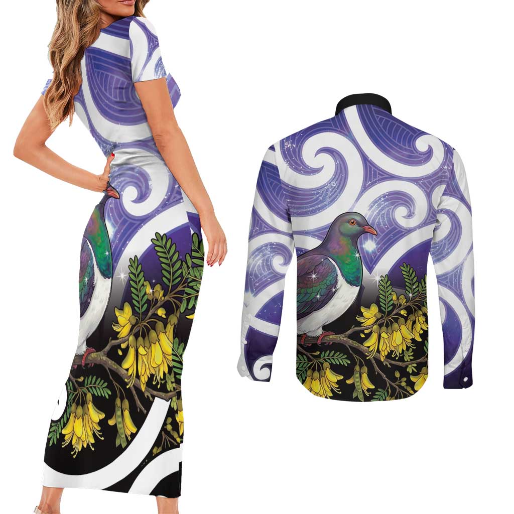 Kekeru New Zealand Matariki Couples Matching Short Sleeve Bodycon Dress and Long Sleeve Button Shirt Kukupa Kowhai Maori New Year Purple Version