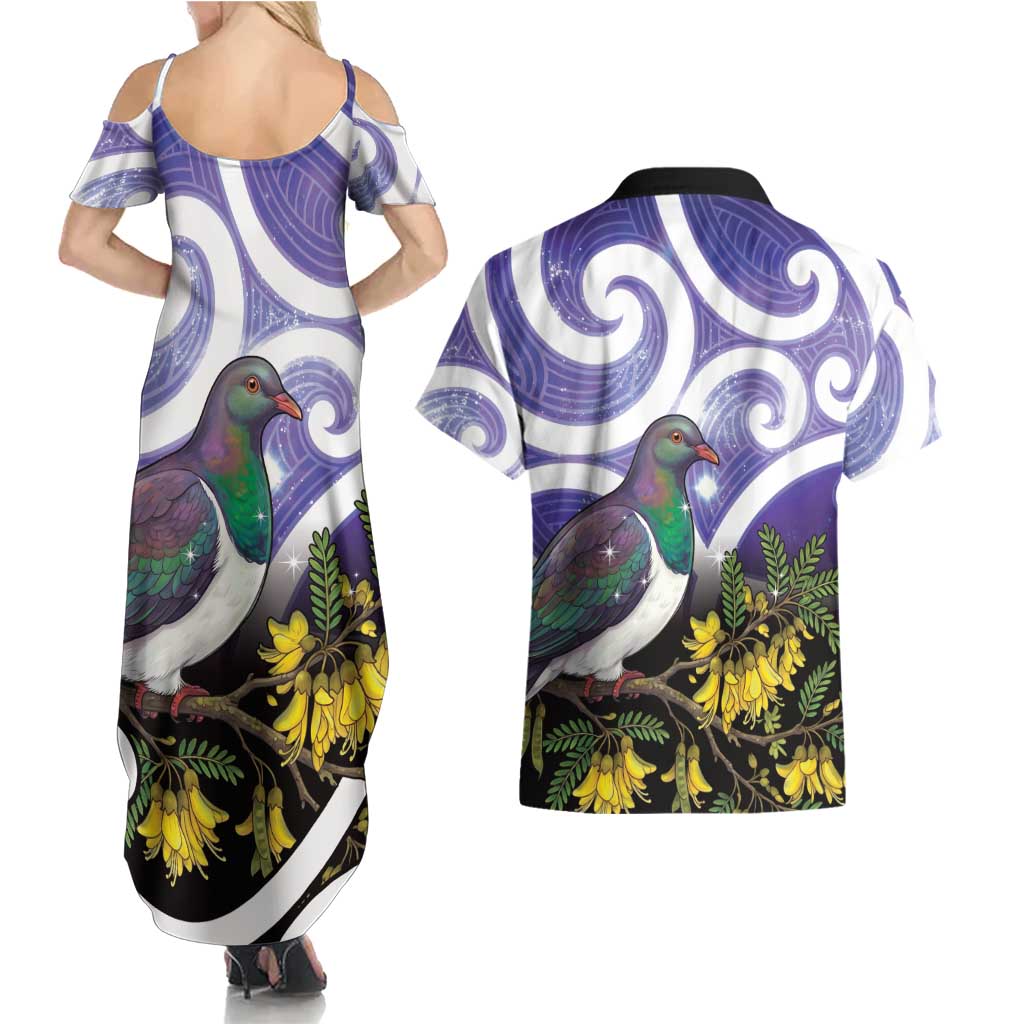 Kekeru New Zealand Matariki Couples Matching Summer Maxi Dress and Hawaiian Shirt Kukupa Kowhai Maori New Year Purple Version