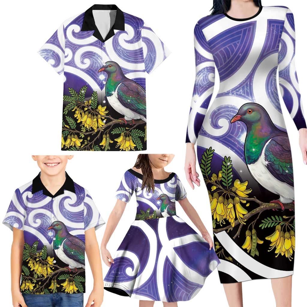 Kekeru New Zealand Matariki Family Matching Long Sleeve Bodycon Dress and Hawaiian Shirt Kukupa Kowhai Maori New Year Purple Version