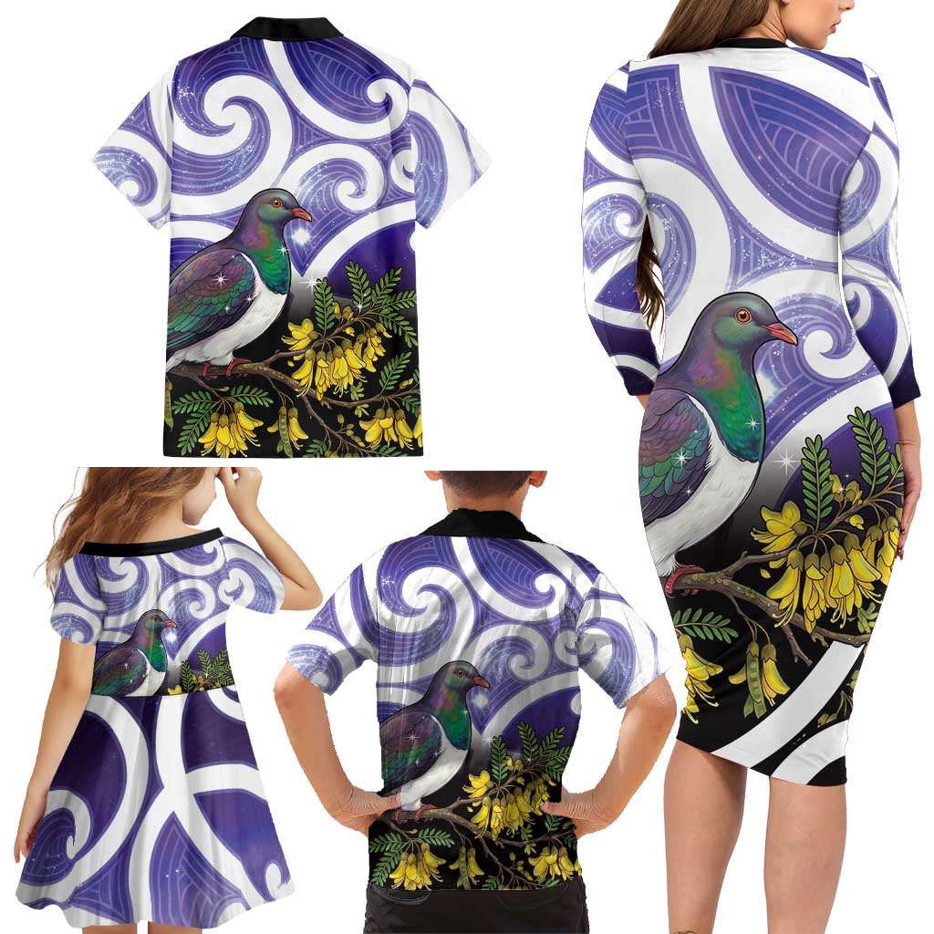 Kekeru New Zealand Matariki Family Matching Long Sleeve Bodycon Dress and Hawaiian Shirt Kukupa Kowhai Maori New Year Purple Version