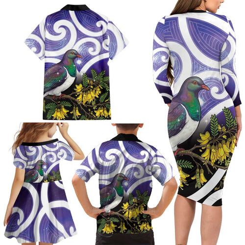 Kekeru New Zealand Matariki Family Matching Long Sleeve Bodycon Dress and Hawaiian Shirt Kukupa Kowhai Maori New Year Purple Version