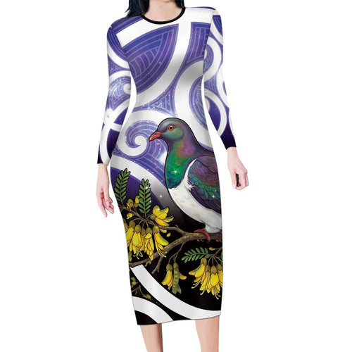 Kekeru New Zealand Matariki Family Matching Long Sleeve Bodycon Dress and Hawaiian Shirt Kukupa Kowhai Maori New Year Purple Version