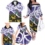 Kekeru New Zealand Matariki Family Matching Off The Shoulder Long Sleeve Dress and Hawaiian Shirt Kukupa Kowhai Maori New Year Purple Version