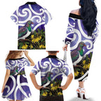 Kekeru New Zealand Matariki Family Matching Off The Shoulder Long Sleeve Dress and Hawaiian Shirt Kukupa Kowhai Maori New Year Purple Version