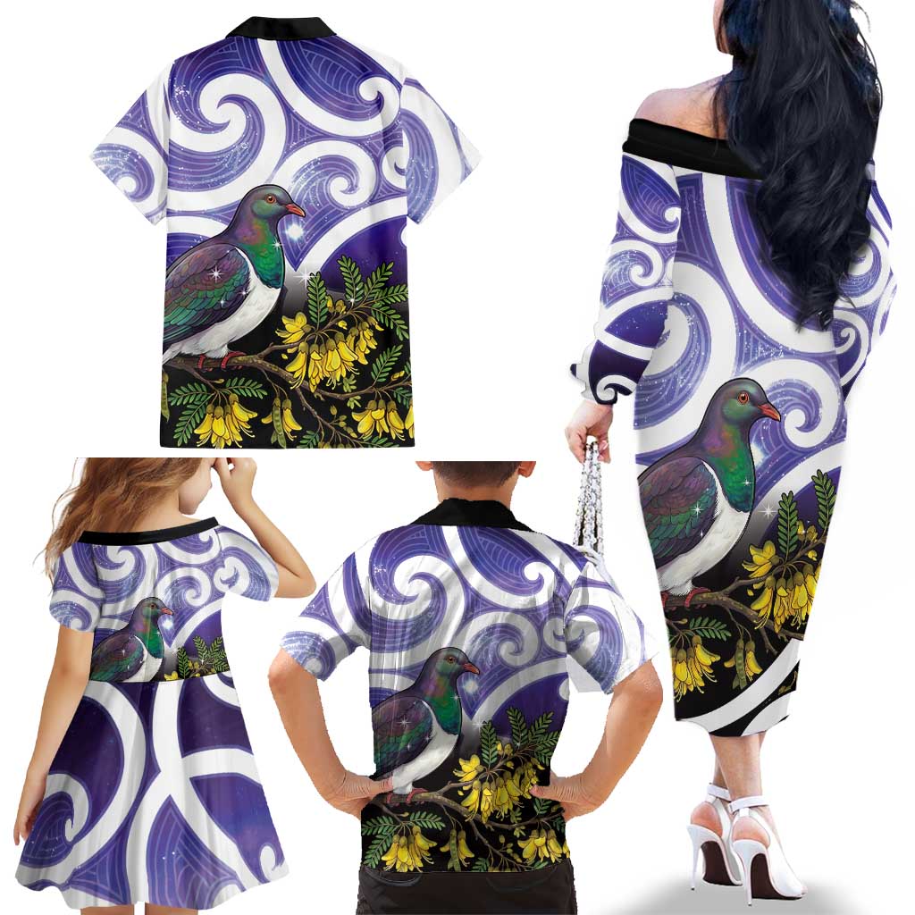 Kekeru New Zealand Matariki Family Matching Off The Shoulder Long Sleeve Dress and Hawaiian Shirt Kukupa Kowhai Maori New Year Purple Version