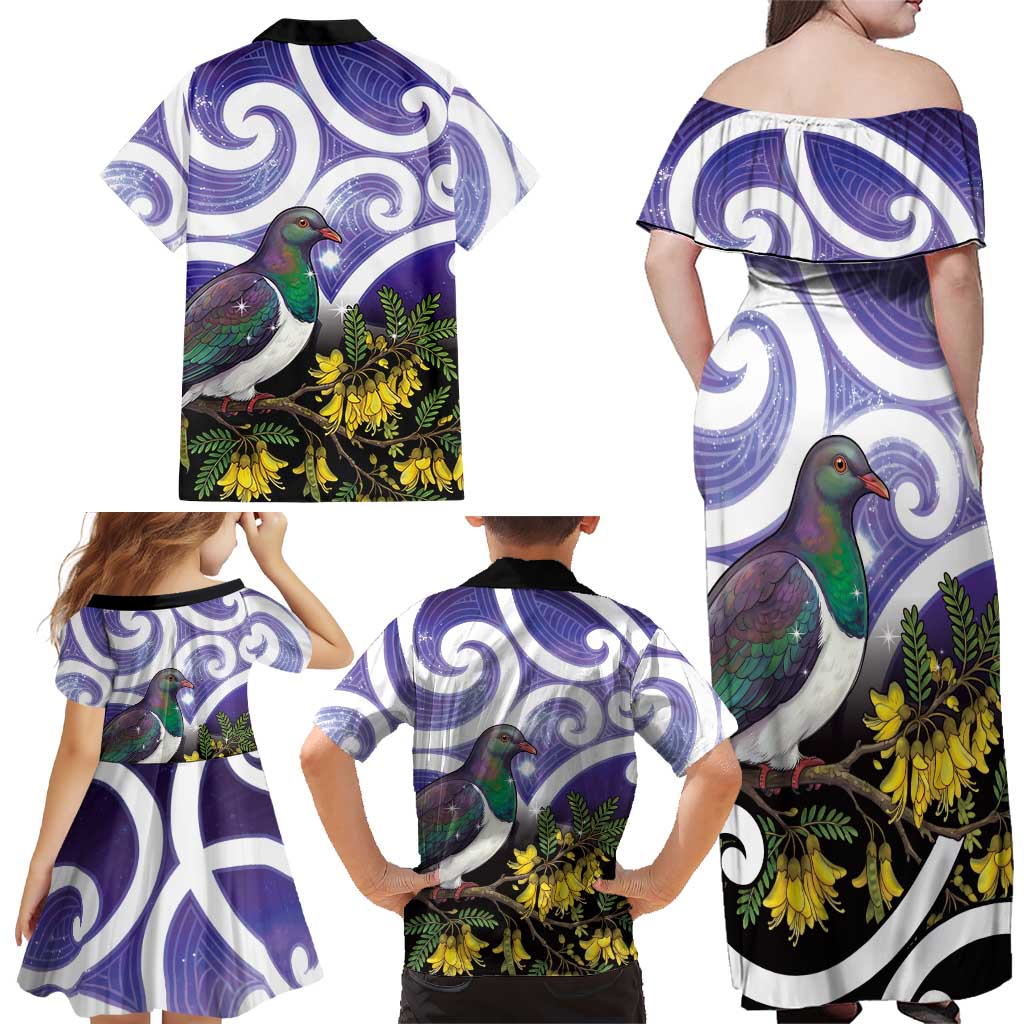 Kekeru New Zealand Matariki Family Matching Off Shoulder Maxi Dress and Hawaiian Shirt Kukupa Kowhai Maori New Year Purple Version