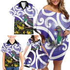 Kekeru New Zealand Matariki Family Matching Off Shoulder Short Dress and Hawaiian Shirt Kukupa Kowhai Maori New Year Purple Version