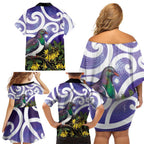 Kekeru New Zealand Matariki Family Matching Off Shoulder Short Dress and Hawaiian Shirt Kukupa Kowhai Maori New Year Purple Version