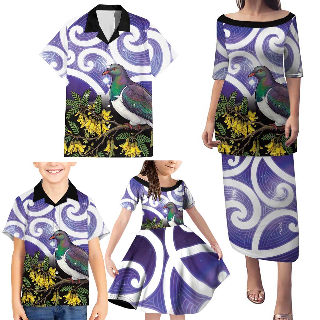 Kekeru New Zealand Matariki Family Matching Puletasi and Hawaiian Shirt Kukupa Kowhai Maori New Year Purple Version