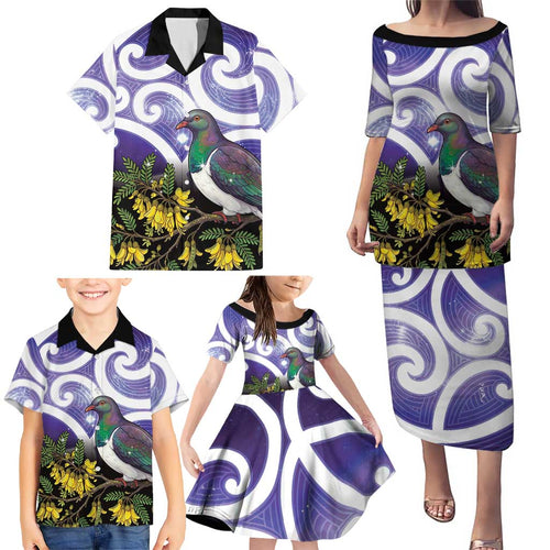 Kekeru New Zealand Matariki Family Matching Puletasi and Hawaiian Shirt Kukupa Kowhai Maori New Year Purple Version