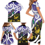 Kekeru New Zealand Matariki Family Matching Short Sleeve Bodycon Dress and Hawaiian Shirt Kukupa Kowhai Maori New Year Purple Version