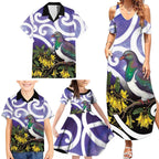 Kekeru New Zealand Matariki Family Matching Summer Maxi Dress and Hawaiian Shirt Kukupa Kowhai Maori New Year Purple Version