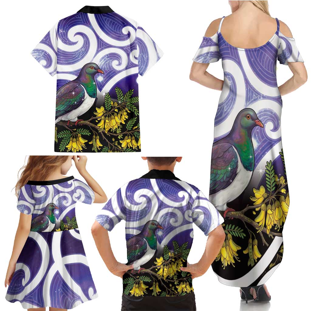 Kekeru New Zealand Matariki Family Matching Summer Maxi Dress and Hawaiian Shirt Kukupa Kowhai Maori New Year Purple Version