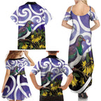 Kekeru New Zealand Matariki Family Matching Summer Maxi Dress and Hawaiian Shirt Kukupa Kowhai Maori New Year Purple Version
