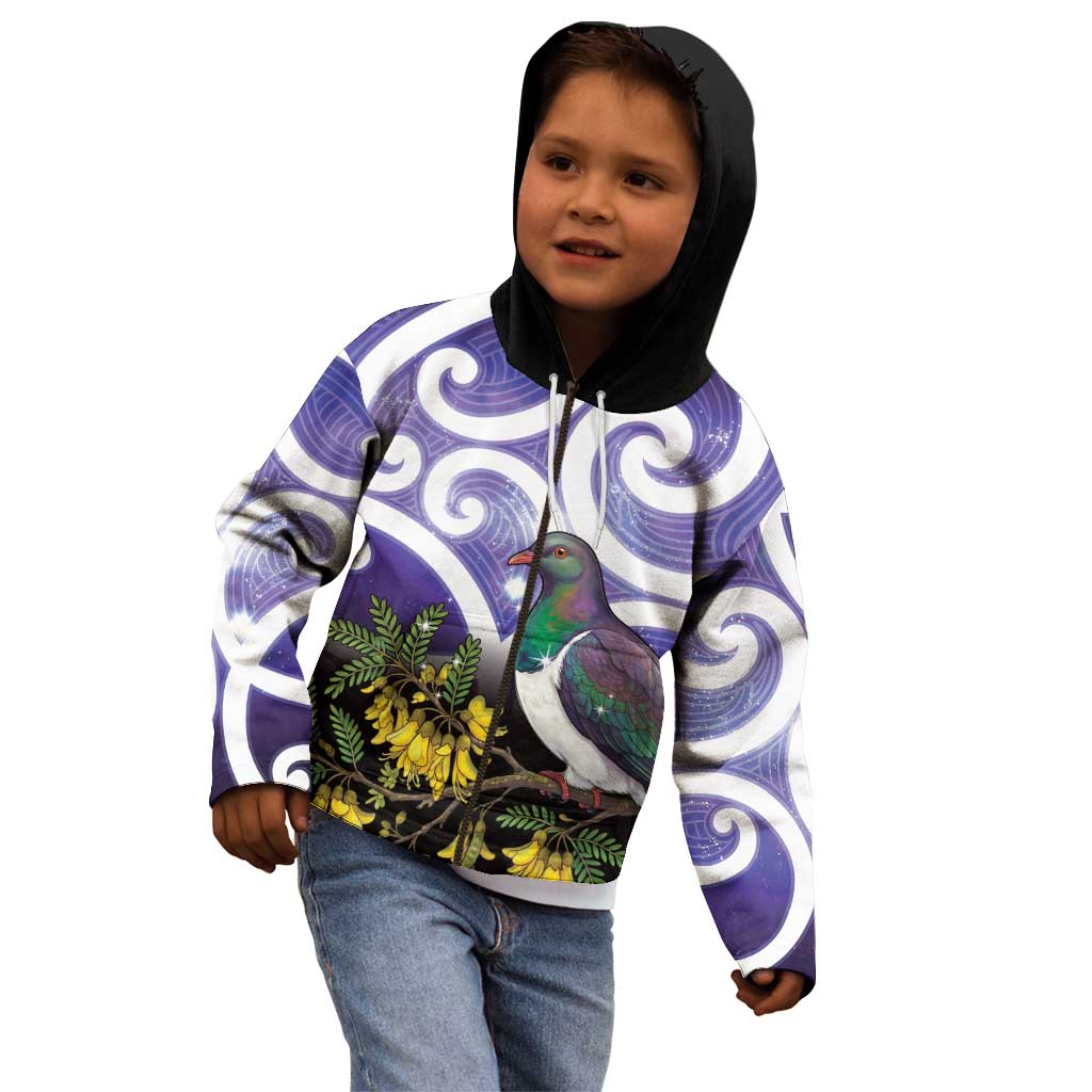Kekeru New Zealand Matariki Kid Hoodie Kukupa Kowhai Maori New Year Purple Version