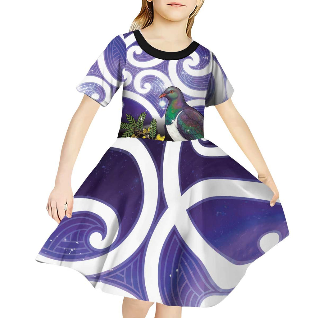 Kekeru New Zealand Matariki Kid Short Sleeve Dress Kukupa Kowhai Maori New Year Purple Version