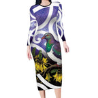 Kekeru New Zealand Matariki Long Sleeve Bodycon Dress Kukupa Kowhai Maori New Year Purple Version