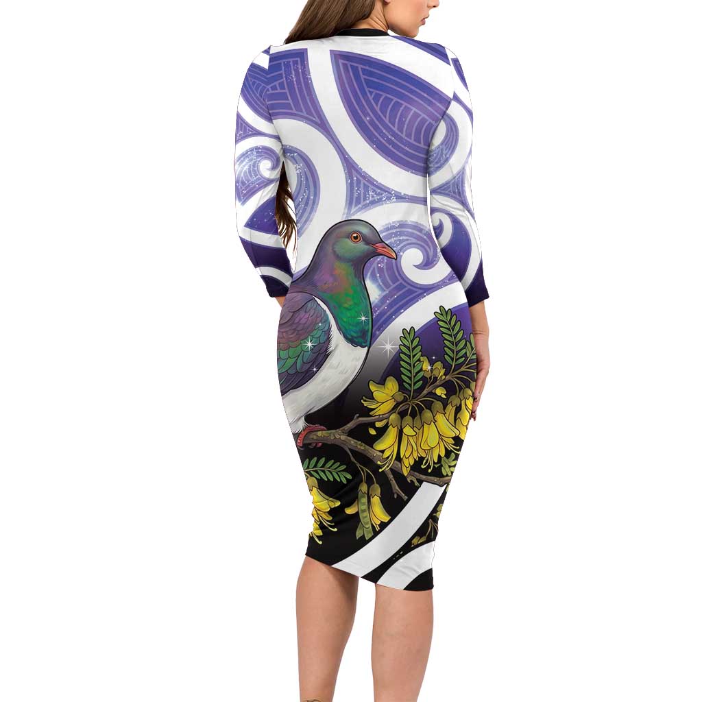 Kekeru New Zealand Matariki Long Sleeve Bodycon Dress Kukupa Kowhai Maori New Year Purple Version
