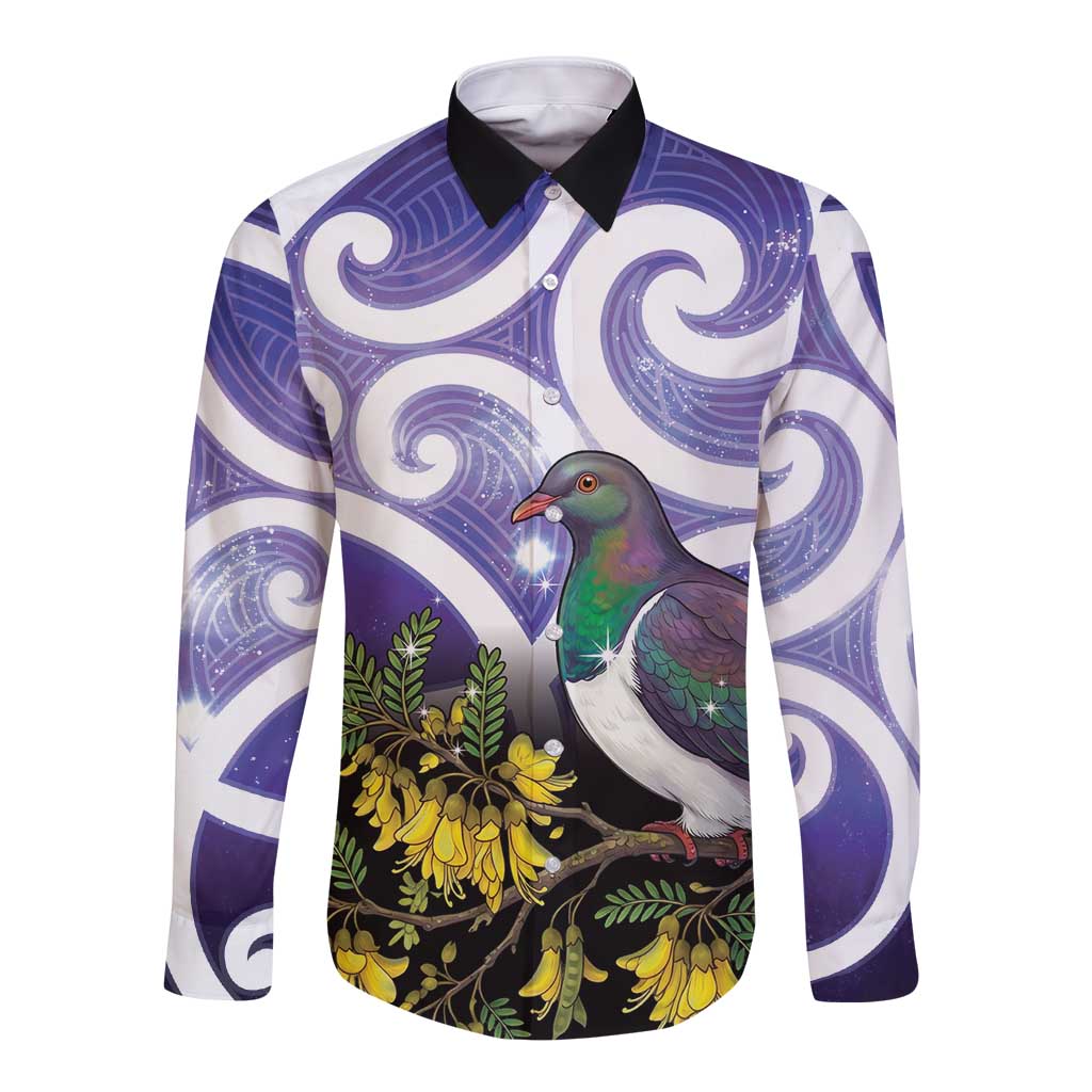 Kekeru New Zealand Matariki Long Sleeve Button Shirt Kukupa Kowhai Maori New Year Purple Version