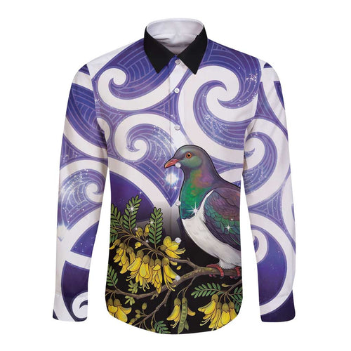 Kekeru New Zealand Matariki Long Sleeve Button Shirt Kukupa Kowhai Maori New Year Purple Version