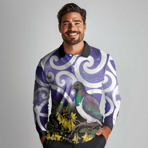 Kekeru New Zealand Matariki Long Sleeve Polo Shirt Kukupa Kowhai Maori New Year Purple Version