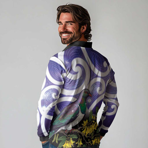 Kekeru New Zealand Matariki Long Sleeve Polo Shirt Kukupa Kowhai Maori New Year Purple Version