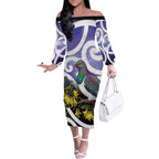 Kekeru New Zealand Matariki Off The Shoulder Long Sleeve Dress Kukupa Kowhai Maori New Year Purple Version