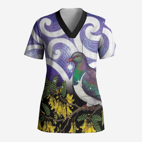 Kekeru New Zealand Matariki Scrub Top Kukupa Kowhai Maori New Year Purple Version