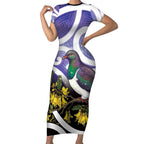 Kekeru New Zealand Matariki Short Sleeve Bodycon Dress Kukupa Kowhai Maori New Year Purple Version