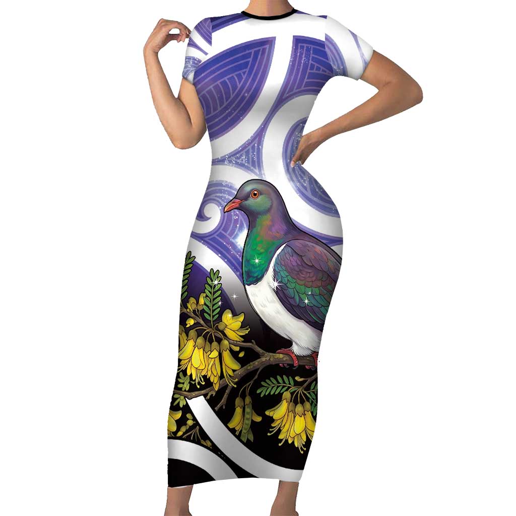 Kekeru New Zealand Matariki Short Sleeve Bodycon Dress Kukupa Kowhai Maori New Year Purple Version