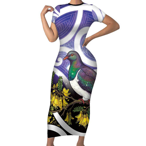 Kekeru New Zealand Matariki Short Sleeve Bodycon Dress Kukupa Kowhai Maori New Year Purple Version