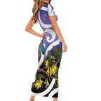 Kekeru New Zealand Matariki Short Sleeve Bodycon Dress Kukupa Kowhai Maori New Year Purple Version