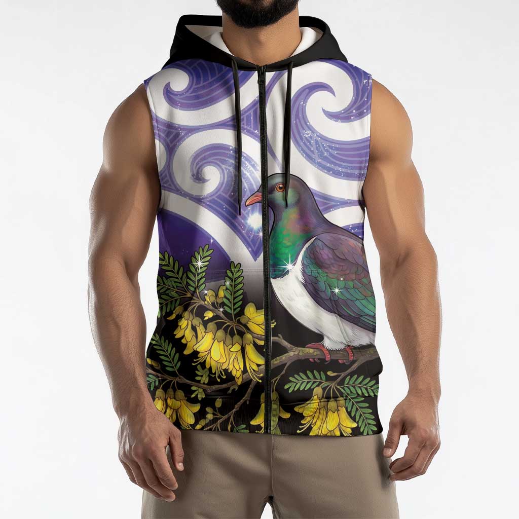 Kekeru New Zealand Matariki Sleeveless Zip Hoodie Kukupa Kowhai Maori New Year Purple Version