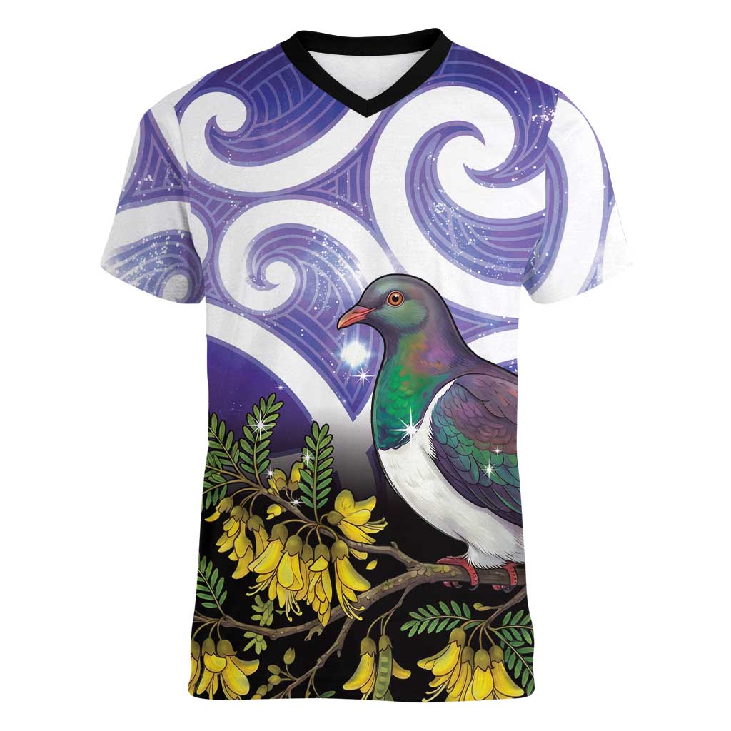 Kekeru New Zealand Matariki Women V-Neck T-Shirt Kukupa Kowhai Maori New Year Purple Version