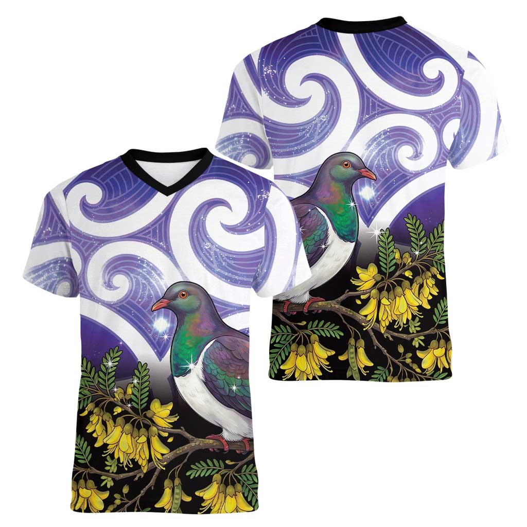 Kekeru New Zealand Matariki Women V-Neck T-Shirt Kukupa Kowhai Maori New Year Purple Version
