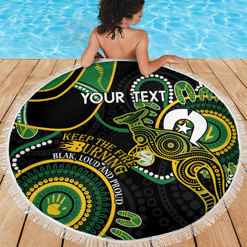 Custom Matildas NAIDOC Week Beach Blanket Australia Kangaroo Keep The Fire Burning - Black