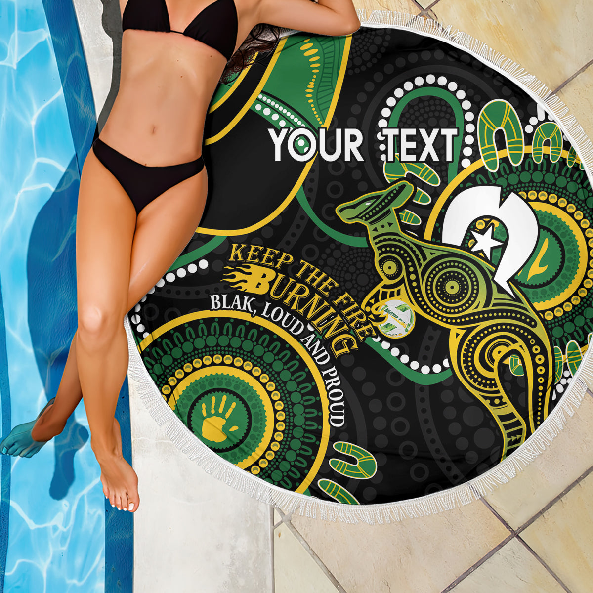 Custom Matildas NAIDOC Week Beach Blanket Australia Kangaroo Keep The Fire Burning - Black
