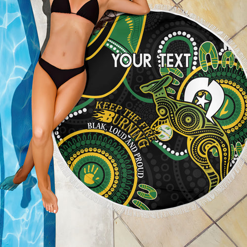 Custom Matildas NAIDOC Week Beach Blanket Australia Kangaroo Keep The Fire Burning - Black