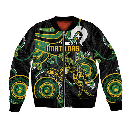 Custom Matildas NAIDOC Week Bomber Jacket Australia Kangaroo Keep The Fire Burning - Black