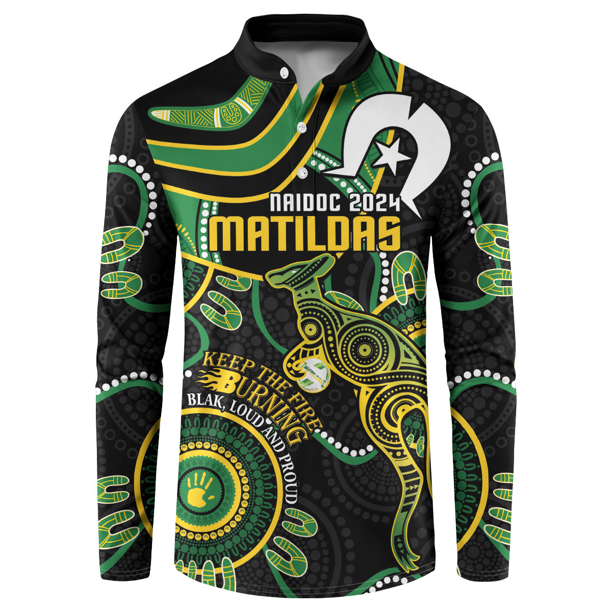 Custom Matildas NAIDOC Week Button Sweatshirt Australia Kangaroo Keep The Fire Burning - Black