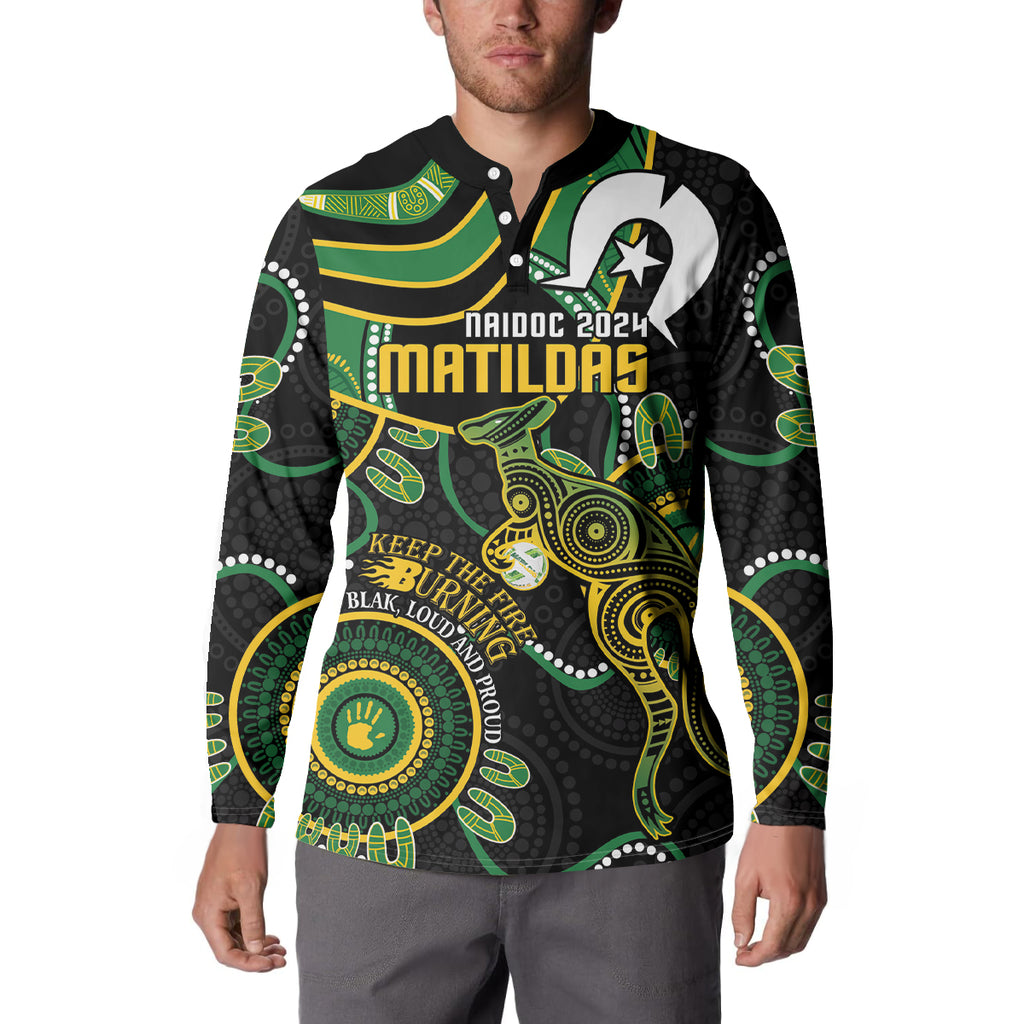 Custom Matildas NAIDOC Week Button Sweatshirt Australia Kangaroo Keep The Fire Burning - Black